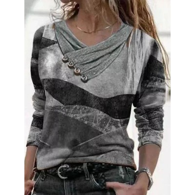 Printed Cross V-Neck Long Sleeve Sweatshirt HF2507-01-01