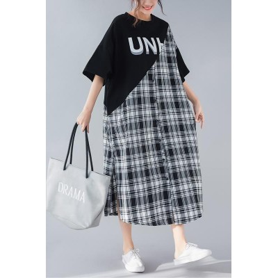 DIY black Plaid cotton quilting clothes Women Work o neck patchwork long Summer Dresses