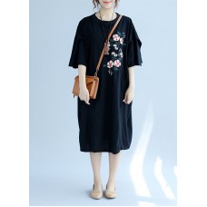 Modern o neck embroidery linen clothes Fashion Online Shopping black long Dresses Summer