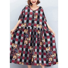 Beautiful o neck large hem linen quilting dresses To Get design red Plaid Art Dress summer