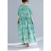 Organic green print linen Wardrobes Vintage design o neck Cinched Robe Summer Dresses